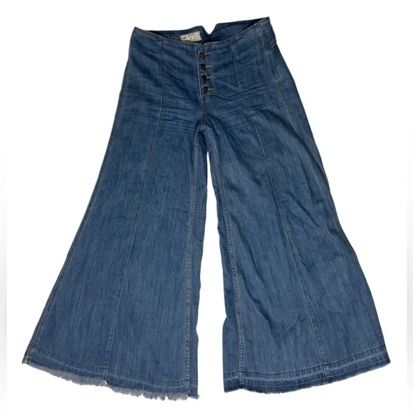 Free People Retro Inspired High Waist Ultra Wide Leg Raw Frayed Hem Jeans, 28 - Picture 1 of 7